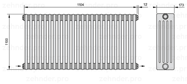 Схема (чертеж) Радиатор Zehnder Charleston 5110/24 №2670 Белый глянцевый RAL 9016